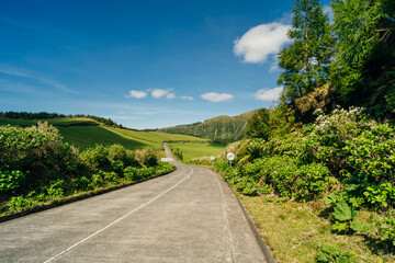 Azores - road to Sete Cidades, green landscape in Portugal, San Miguel