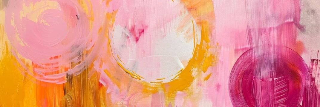A captivating abstract painting featuring bold strokes and harmonious blend of pink, yellow, and white shades.