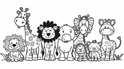 Seven Smiling Cartoon Animals in a Row