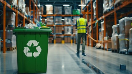 Green Recycling Bin in a Warehouse Setting