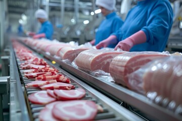 Industrial setting with workers packing sliced ham into plastic bags on a conveyor belt at a food processing facility.