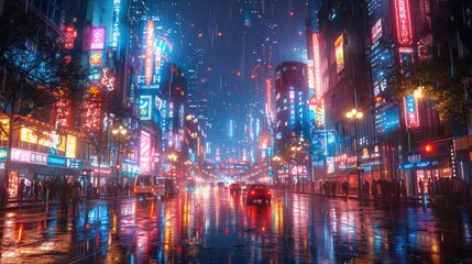 Fototapeta premium A futuristic cityscape with towering skyscrapers, flying cars, and vibrant holographic advertisements lighting up the night