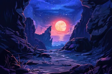 Fototapeta premium Rocky canyon landscape with bright moon and starry night sky
