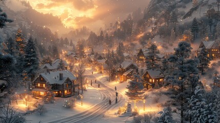 A snowy winter village with warmly lit cottages, snow-covered pine trees, and children building a snowman under a gentle snowfall