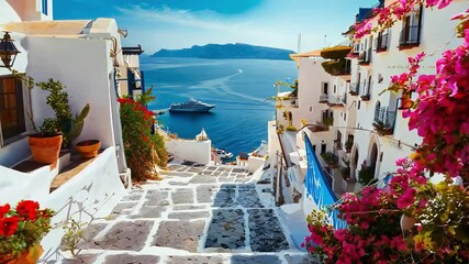 Picturesque Mediterranean Street with Sea View with Ai generated.
