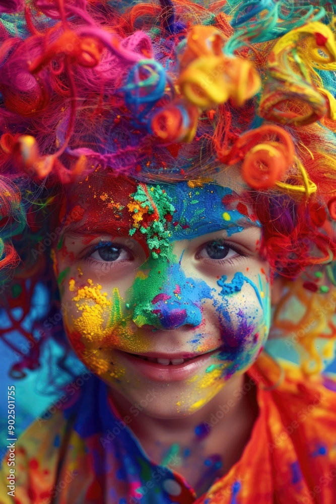 Wall mural A young child wearing a bright wig and face paint, perfect for costumes and dress-up play