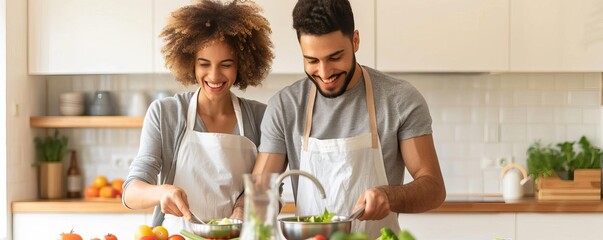 Healthcare Preventive young couple prepare healthy meal together cook home kitche