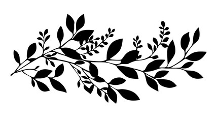 Nature branch vintage linocut silhouette, black vector on transparent background