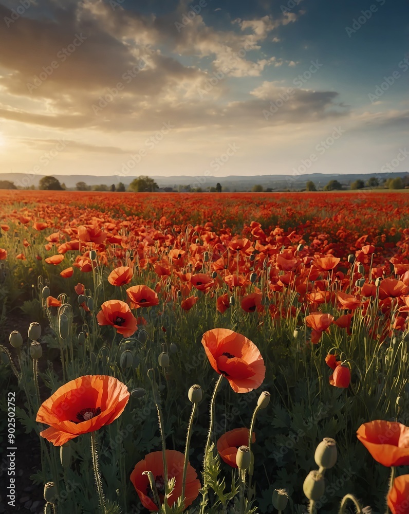 Sticker poppy field in springtime bloom backgroundvertical background vertical shot