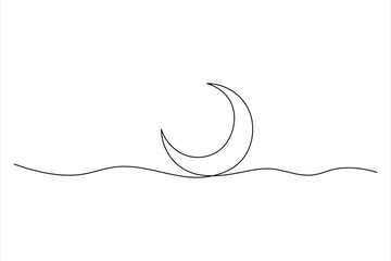 Continuous one line drawing of moon icon. Crescent moon for Ramadan isolated on white background outline vector art illustration