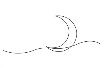 Continuous one line drawing of moon icon. Crescent moon for Ramadan isolated on white background outline vector art illustration