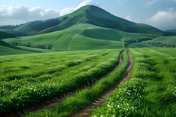 Fototapeta premium Lush Green Hills with Pathway - Nature Landscape for Posters, Prints, and Eco-themed Designs
