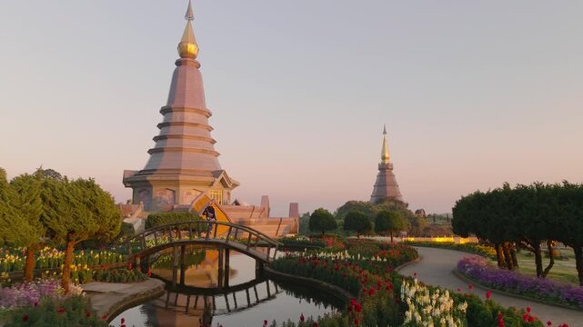 4K aerial drone footage of pagodas in Doi Inthanon during a sunset, Chiang Mai, Thailand, Asia