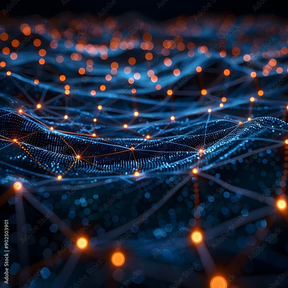 Aufkleber glowing digital network with interconnected nodes and flowing data streams in dark background