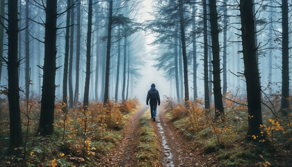 Fototapeta premium A lone man walks along a muddy path in the center of a mysterious misty forest.