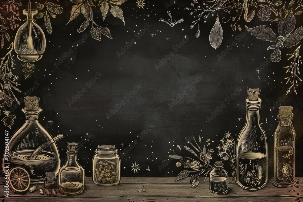 Poster A blackboard with multiple bottles displayed, often used for science experiments or demonstrations