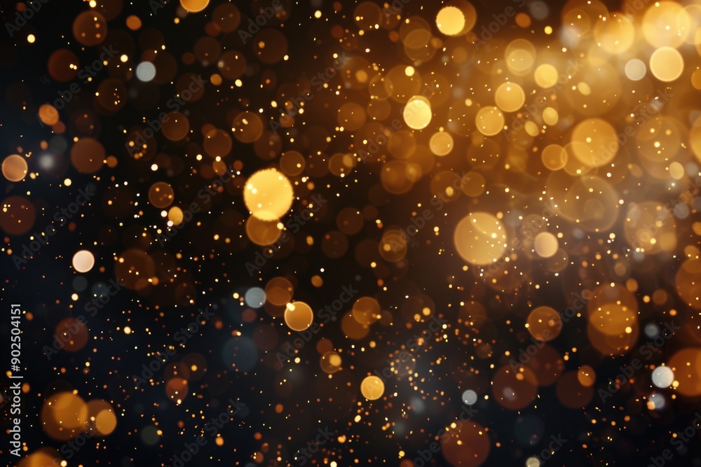 Poster a dramatic scene with a black and gold background lit up by various lights, ideal for use in promoti