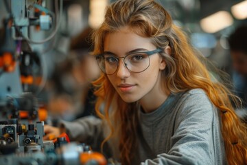 Fototapeta premium Engineering students working on a project in a workshop, practical learning, tools, innovation. Generative AI