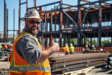 Construction foreman giving a thumbs-up, standing in front of a newly erected steel frame, with workers and construction materials around.