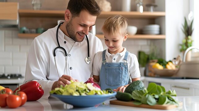 Doctor explaining healthy diet chart to a young family, preventive healthcare, nutritional guidance