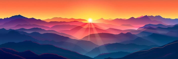 Sunrise Landscape Flat Illustration, Color Dawn in Mountains, Sunset Sun Beams Landscape