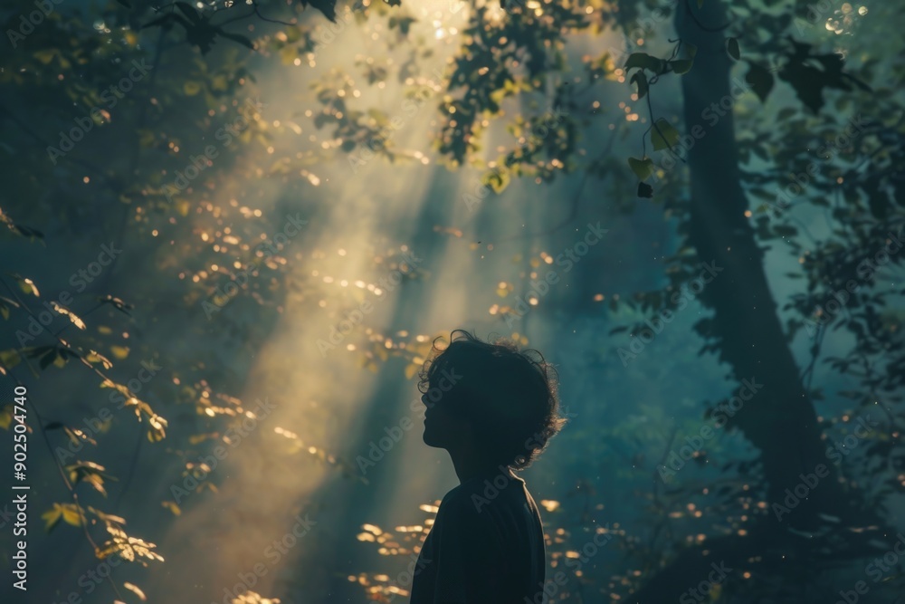 Poster A person stands in a forest with sunlight filtering through the trees