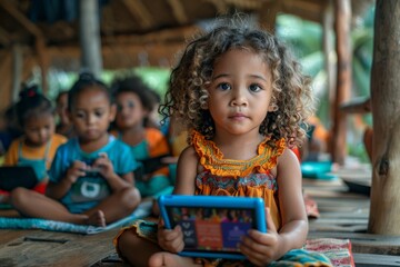Children using tablets in a modern classroom, digital learning, technology in education. Generative AI