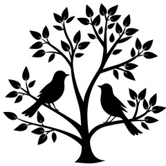 Two birds sitting on a branch silhouette vector illustration design