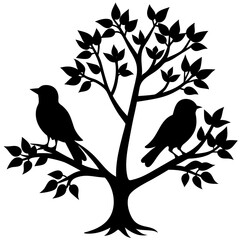 Two birds sitting on a branch silhouette vector illustration design