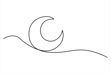 Continuous one line drawing of moon icon. Crescent moon for Ramadan isolated on white background outline vector art illustration