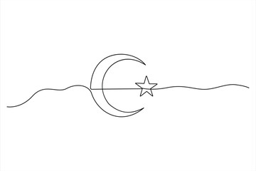 Continuous one line drawing of moon icon. Crescent moon for Ramadan isolated on white background outline vector art illustration