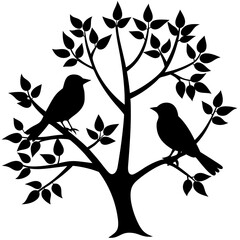 Two birds sitting on a branch silhouette vector illustration design