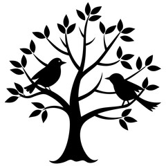 Two birds sitting on a branch silhouette vector illustration design