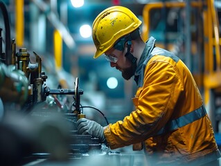 Close up of Factory Worker in Safety Gear Operating Machinery