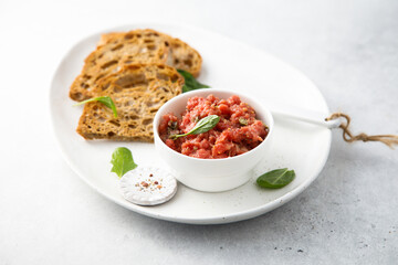 Traditional steak tartare on toast