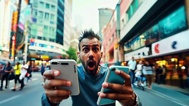 Bearded man with technophobia in panic yelling at his two smartphones gets sucked through Manhattan at warp speed.