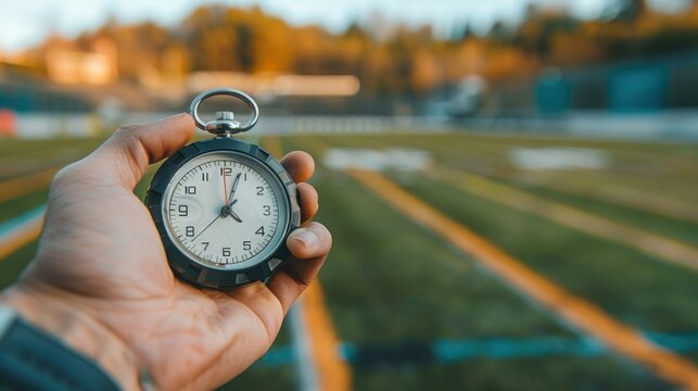 A Hand Holding a Stopwatch in Front of a Blurred Green Field