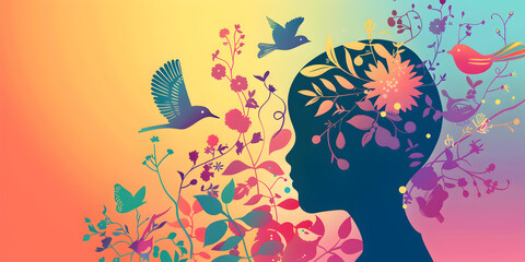  Silhouette of a Girl with Floral and Bird Elements in a Colorful Dreamy Atmosphere