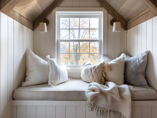 A charming reading spot with a built-in window seat for lounging and relaxing, cozy vibes.