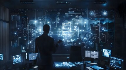 Futuristic Insurance Agent Discussing Policy Details with Holographic Client in High Tech Office