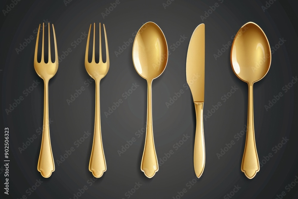 Poster A set of four golden spoons and a fork arranged neatly on a surface