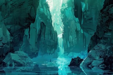 Mysterious underground lake with a waterfall in a deep cavern