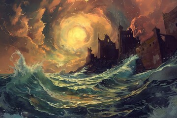 Obraz premium Ancient castle ruins by the stormy sea under the setting sun