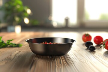 A bowl of food sitting on a wooden table, perfect for a rustic dining setting or a farmhouse style kitchen