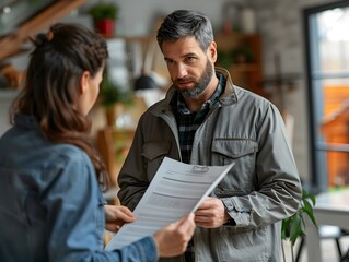 Insurance Agent Presenting Flood Insurance Options to Homeowners in Flood Prone Area