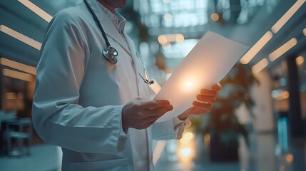 Medical Insurance Concept with Glowing Policy Document in High Tech Hospital Setting