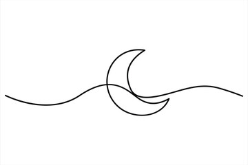 Continuous one line drawing of moon icon. Crescent moon for Ramadan isolated on white background outline vector art illustration