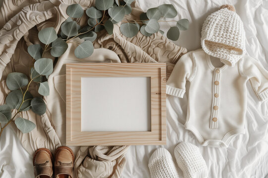 Overhead View of Digital Pregnancy Announcement with Empty Letterboard, White Baby Shirt, Cute Baby Shoes, Baby Hat, and Eucalyptus Leaves on Soft Background