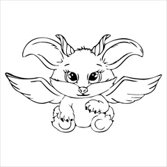 Cute monster, flying fly, little vampire, scary, halloween animal, holiday monster. Flying with fangs and wings, fictional animal. Graphic drawing, isolated single element.