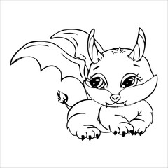Cute monster, flying fly, little vampire, scary, halloween animal, holiday monster. Flying with fangs and wings, fictional animal. Graphic drawing, isolated single element.